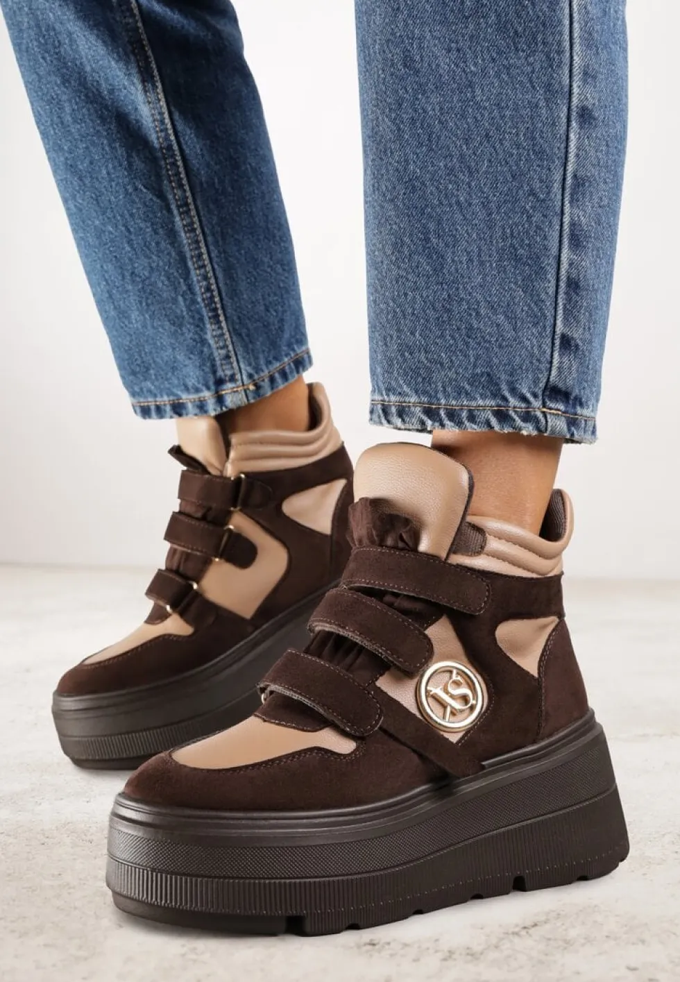 Beżowo-Brązowe Botki Sneakersy Vices na Platformie w Stylu Y2K Gelira