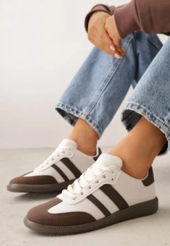 Beżowo-Brązowe Casualowe Sneakersy na Płaskiej Podeszwie z Paskami Jereria