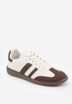 Beżowo-Brązowe Casualowe Sneakersy na Płaskiej Podeszwie z Paskami Jereria