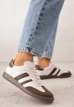 Beżowo-Brązowe Casualowe Sneakersy na Płaskiej Podeszwie z Paskami Jereria