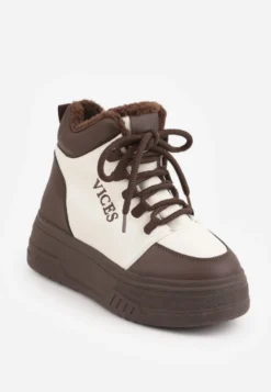 Beżowo-Brązowe Sneakersy na Grubej Podeszwie Mocno Ocieplane Futrem Leavinael