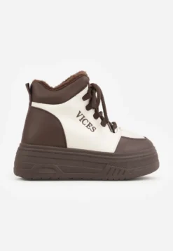 Beżowo-Brązowe Sneakersy na Grubej Podeszwie Mocno Ocieplane Futrem Leavinael