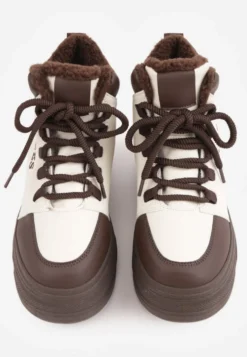 Beżowo-Brązowe Sneakersy na Grubej Podeszwie Mocno Ocieplane Futrem Leavinael