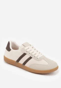 Beżowo-Brązowe Sneakersy na Płaskiej Podeszwie Pemeriana