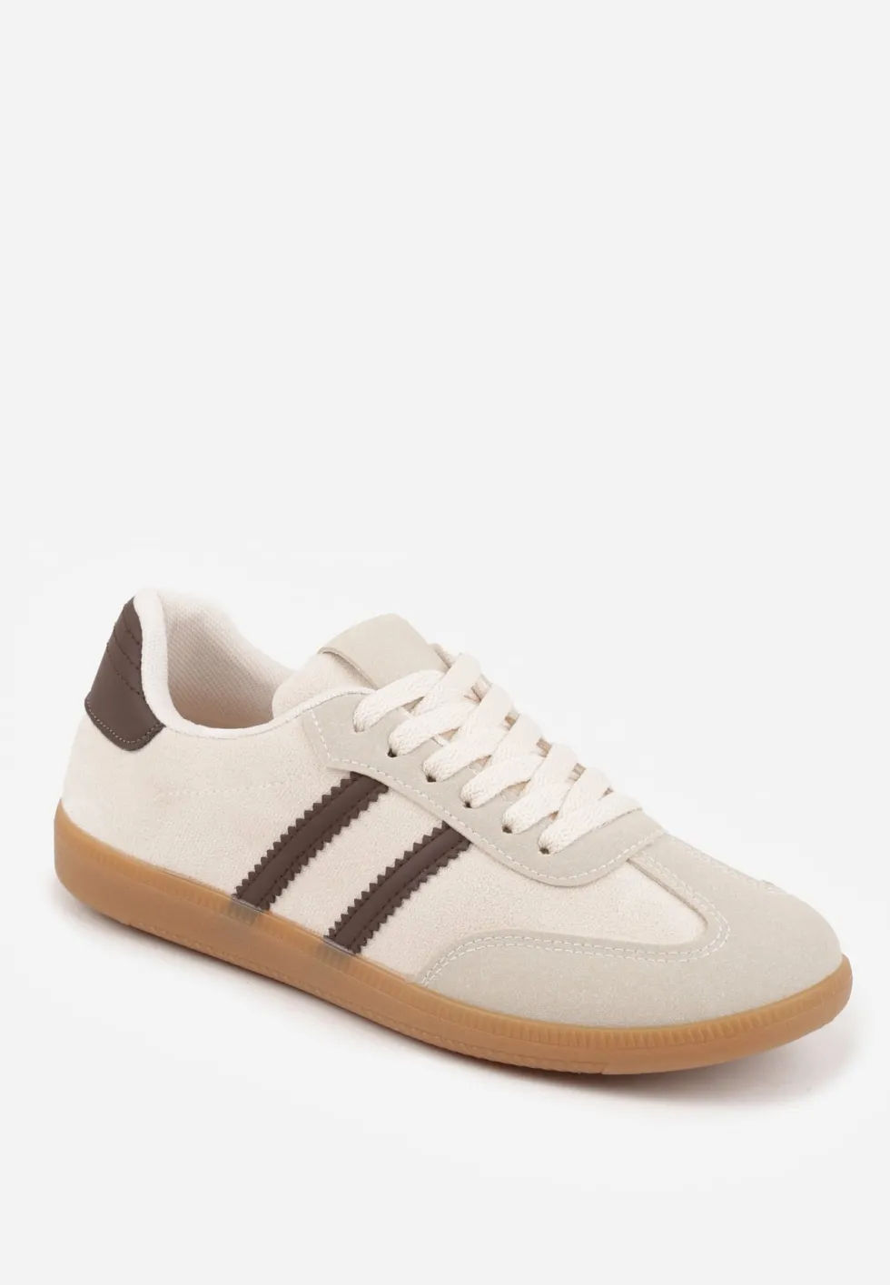 Beżowo-Brązowe Sneakersy na Płaskiej Podeszwie Pemeriana