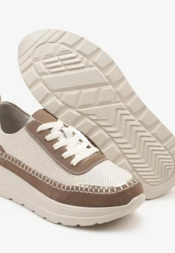 Beżowo-Brązowe Sneakersy Skórzane Ozdobione Metalicznymi Wstawkami i Przeszyciami Renosa