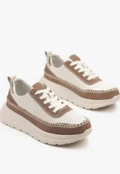 Beżowo-Brązowe Sneakersy Skórzane Ozdobione Metalicznymi Wstawkami i Przeszyciami Renosa