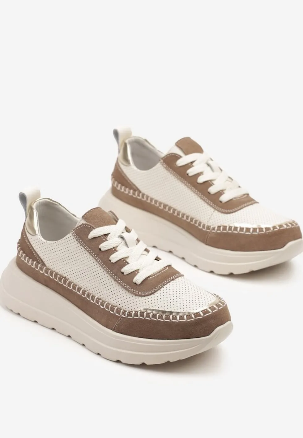 Beżowo-Brązowe Sneakersy Skórzane Ozdobione Metalicznymi Wstawkami i Przeszyciami Renosa