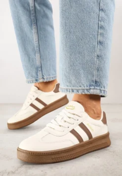 Beżowo-Brązowe Sneakersy Sportowe z Ozdobnymi Paskami i Przeszyciami Wenilan