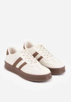 Beżowo-Brązowe Sneakersy Sportowe z Ozdobnymi Paskami i Przeszyciami Wenilan