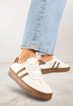 Beżowo-Brązowe Sneakersy Sportowe z Ozdobnymi Paskami i Przeszyciami Wenilan