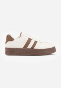 Beżowo-Brązowe Sneakersy Sportowe z Ozdobnymi Paskami i Przeszyciami Wenilan