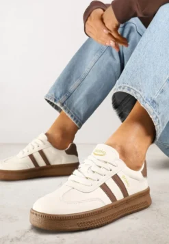 Beżowo-Brązowe Sneakersy Sportowe z Ozdobnymi Paskami i Przeszyciami Wenilan