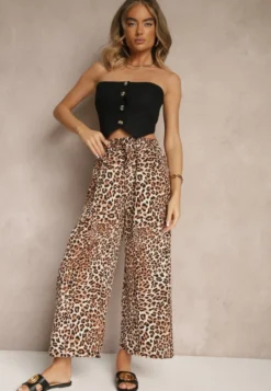Beżowo-Brązowe Spodnie Wide Leg z Gumką w Talii w Panterkowy Wzór Filanira