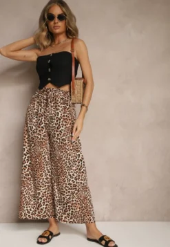 Beżowo-Brązowe Spodnie Wide Leg z Gumką w Talii w Panterkowy Wzór Filanira