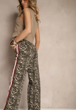Beżowo-Brązowe Szerokie Bawełniane Jeansy z Lampasami Anilora