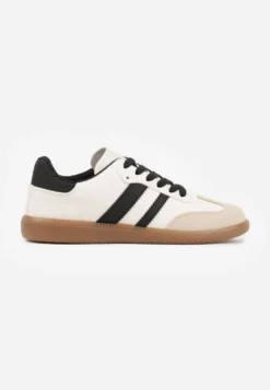 Beżowo-Czarne Casualowe Sneakersy na Płaskiej Podeszwie z Paskami Jereria
