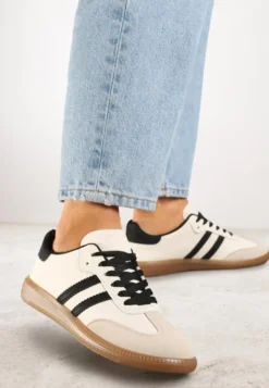 Beżowo-Czarne Casualowe Sneakersy na Płaskiej Podeszwie z Paskami Jereria