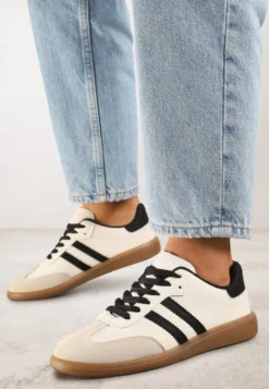 Beżowo-Czarne Casualowe Sneakersy na Płaskiej Podeszwie z Paskami Jereria