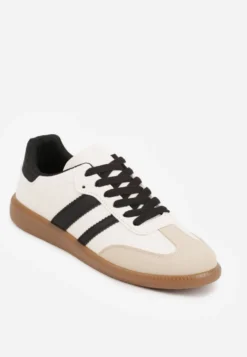 Beżowo-Czarne Casualowe Sneakersy na Płaskiej Podeszwie z Paskami Jereria
