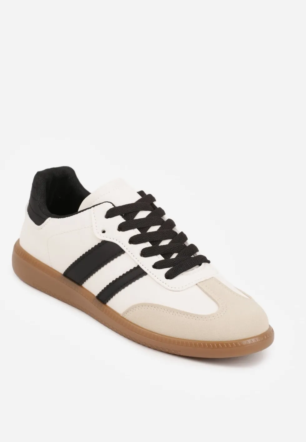 Beżowo-Czarne Casualowe Sneakersy na Płaskiej Podeszwie z Paskami Jereria