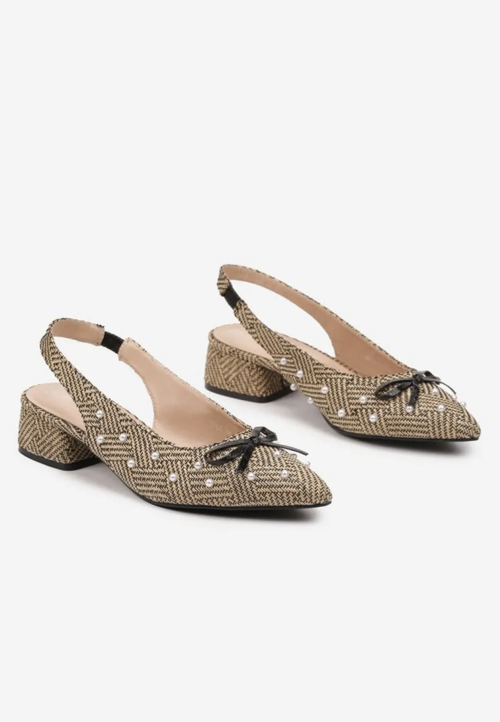 Beżowo-Czarne Czółenka na Słupku Typu Slingback Ozdobione Kokardą i Perełkami Calretis