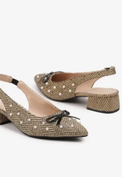 Beżowo-Czarne Czółenka na Słupku Typu Slingback Ozdobione Kokardą i Perełkami Calretis