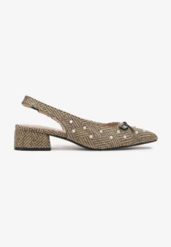 Beżowo-Czarne Czółenka na Słupku Typu Slingback Ozdobione Kokardą i Perełkami Calretis