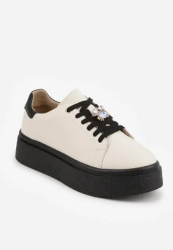 Beżowo-Czarne Minimalistyczne Sneakersy Skórzane na Platformie z Aplikacją z Cyrkoniami Gorisa