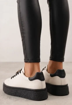 Beżowo-Czarne Minimalistyczne Sneakersy Skórzane na Platformie z Aplikacją z Cyrkoniami Gorisa