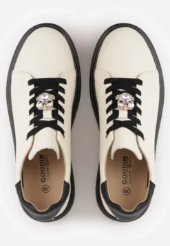 Beżowo-Czarne Minimalistyczne Sneakersy Skórzane na Platformie z Aplikacją z Cyrkoniami Gorisa