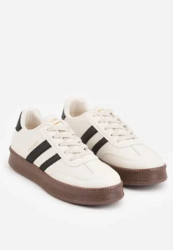 Beżowo-Czarne Sneakersy Sportowe z Ozdobnymi Paskami i Przeszyciami Wenilan