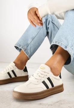 Beżowo-Czarne Sneakersy Sportowe z Ozdobnymi Paskami i Przeszyciami Wenilan