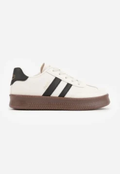 Beżowo-Czarne Sneakersy Sportowe z Ozdobnymi Paskami i Przeszyciami Wenilan
