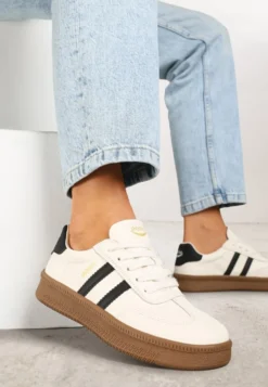 Beżowo-Czarne Sneakersy Sportowe z Ozdobnymi Paskami i Przeszyciami Wenilan