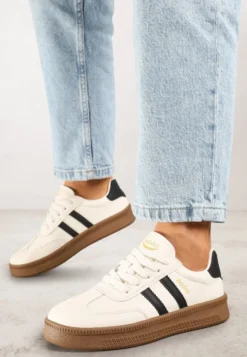 Beżowo-Czarne Sneakersy Sportowe z Ozdobnymi Paskami i Przeszyciami Wenilan