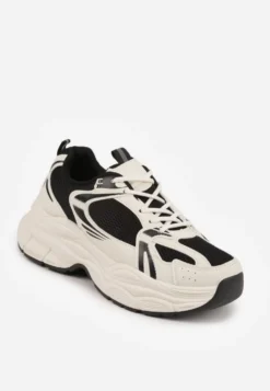 Beżowo-Czarne Sneakersy Vices na Platformie Ozdobione Tłoczeniem Natiselle