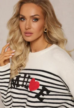 Beżowo-Czarny Sweter z Napisem Smile i Wzorem w Paski Suwaia