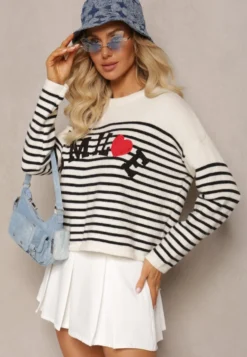 Beżowo-Czarny Sweter z Napisem Smile i Wzorem w Paski Suwaia