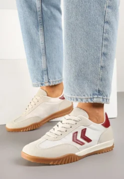 Beżowo-Czerwone Sneakersy Typu Kultowe Tenisówki Zdobione Przeszyciami Mepenna