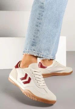 Beżowo-Czerwone Sneakersy Typu Kultowe Tenisówki Zdobione Przeszyciami Mepenna