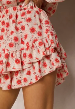 Beżowo-Czerwone Spódnico-Szorty High Waist z Falbankami Gavira