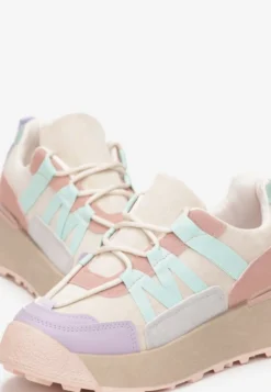 Beżowo-Fioletowe Sznurowane Płaskie Sneakersy z Kolorowymi Wstawkami Wonise