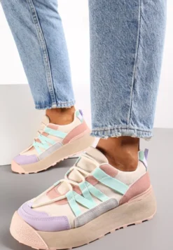 Beżowo-Fioletowe Sznurowane Płaskie Sneakersy z Kolorowymi Wstawkami Wonise