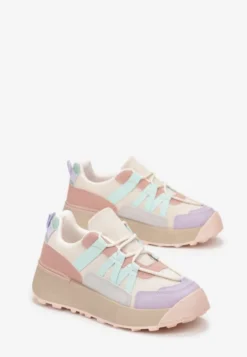 Beżowo-Fioletowe Sznurowane Płaskie Sneakersy z Kolorowymi Wstawkami Wonise