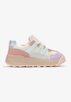 Beżowo-Fioletowe Sznurowane Płaskie Sneakersy z Kolorowymi Wstawkami Wonise