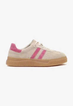 Beżowo-Fuksjowe Zamszowe Sneakersy w Stylu Kultowych Tenisówek ze Skórzaną Wkładką Tenannia