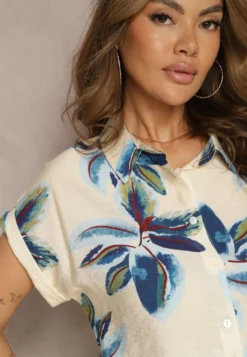 Beżowo-Granatowa Koszula z Wiskozy we Florystyczny Wzór Edevina