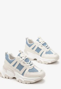 Beżowo-Niebieskie Sznurowane Sneakersy na Grubej Podeszwie ze Wstawkami i Brokatem Widgeta