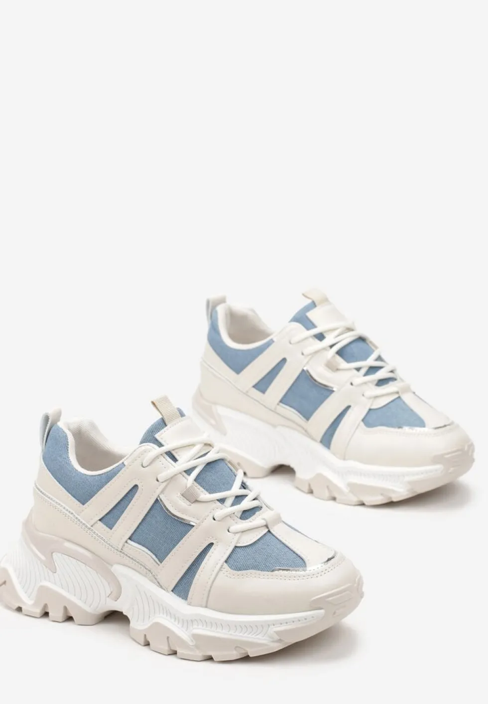 Beżowo-Niebieskie Sznurowane Sneakersy na Grubej Podeszwie ze Wstawkami i Brokatem Widgeta